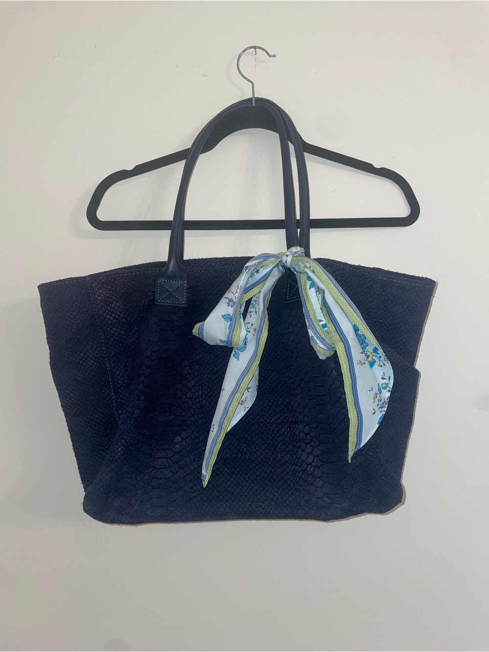Navy Textured Tote Bag with Scarf Accent